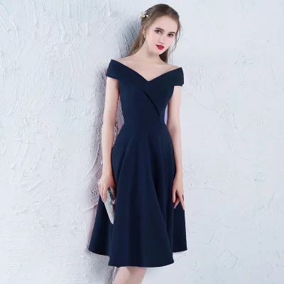 navy blue Skyyue коктейльное платье с коротким рукавом, ТРАПЕЦИЕВИДНОЕ ПЛАТЬЕ с открытыми плечами, Короткие коктейльные платья, винтажное платье, коктейльное платье LX376 - Цвет: navy blue
