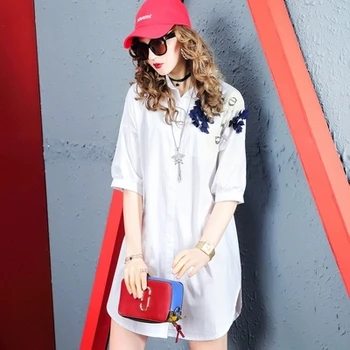 

COIGARSAM Fashion Loose Shirt Womens tops Beading Women shirts White Stripe 7539