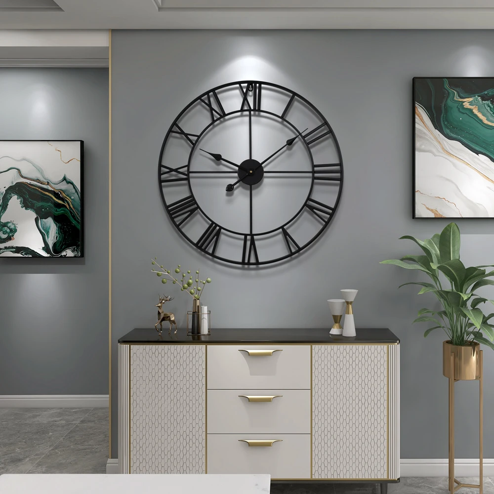 American Wrought Iron Wall Clock Cross-border Hot Sale Round Retro Roman Clock Silent Living Room Wall Clock