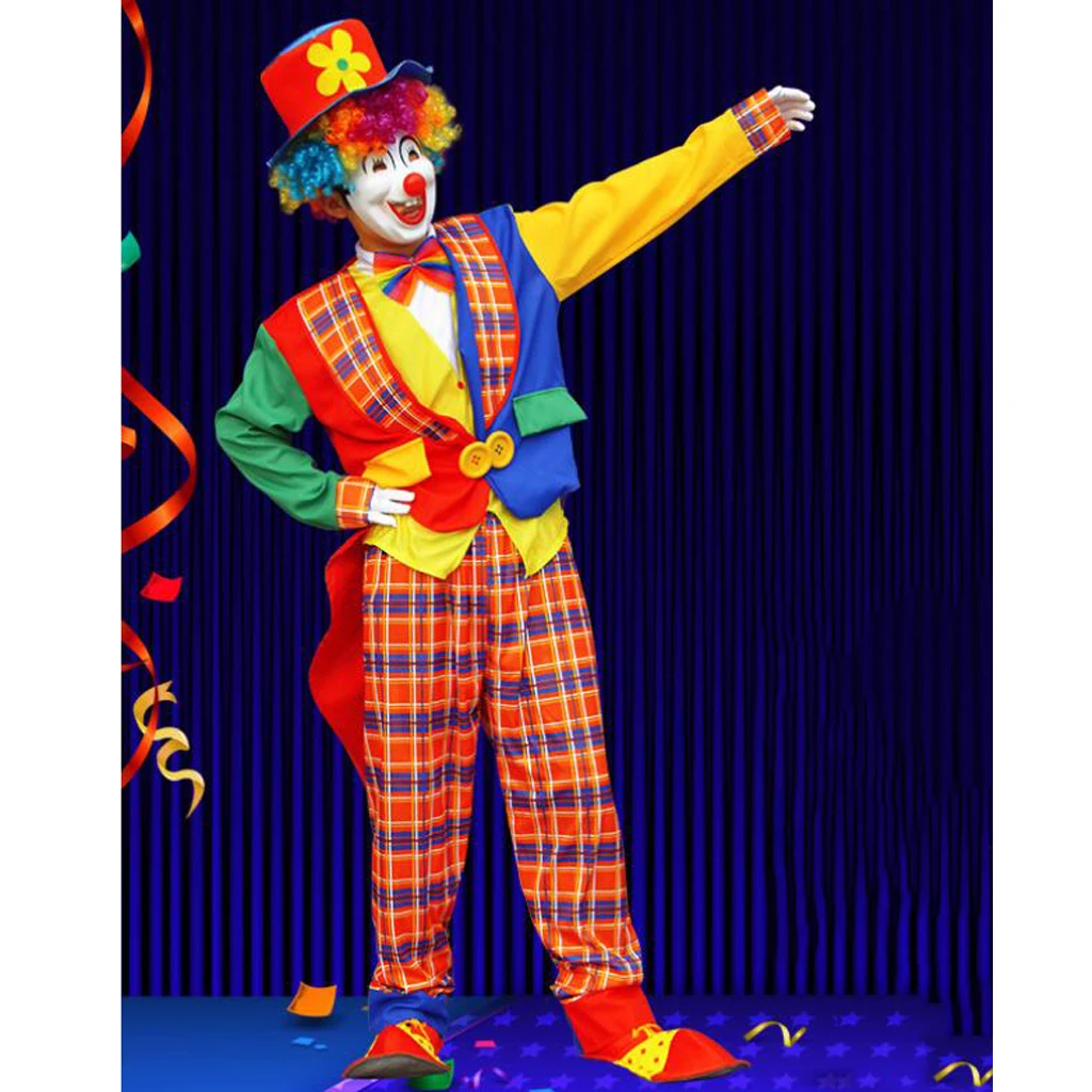 Circus Clown Costume Grids Fancy Dress Up Party Mens Tops Coat Pant Hat Set