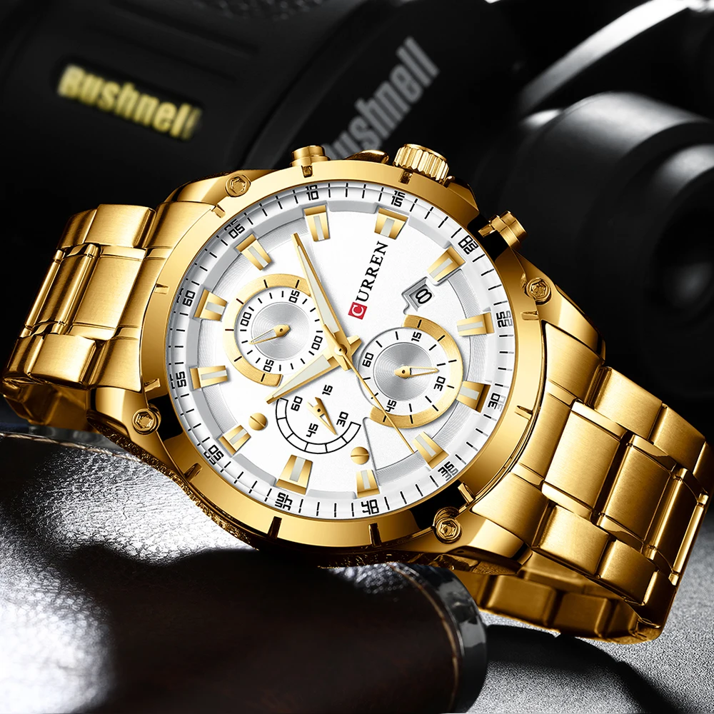  New Curren Steel Watches 2019 Men Fashion Business Gold Band White Dial Quartz Wrist Watches Milita