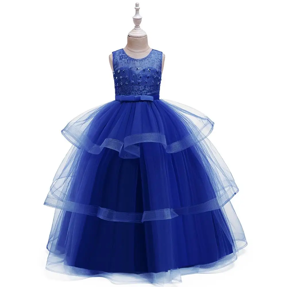 4-14 year old girl new year party evening dress children sweet fluffy wedding dress lace bead kids girls catwalk clothes - Цвет: Navy blue