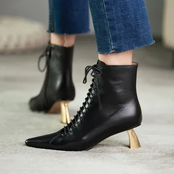 

2020 autumn fashion short boots with top layer of cowhide front lace up pointed toe shaped high heel low sleeve fashion