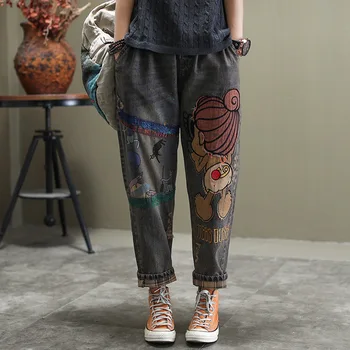 

New loose harem pants cartoon patch jeans woman Vintage wild elastic waist jeans women jeans woman high waist jeans plus size