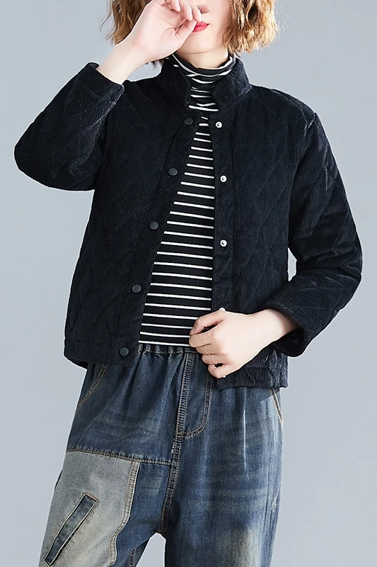 Winter Vintage Full Sleeve Loose Cotton-padded Clothes Corduroy Jackets Blouse Shirt Army Green Black 8936