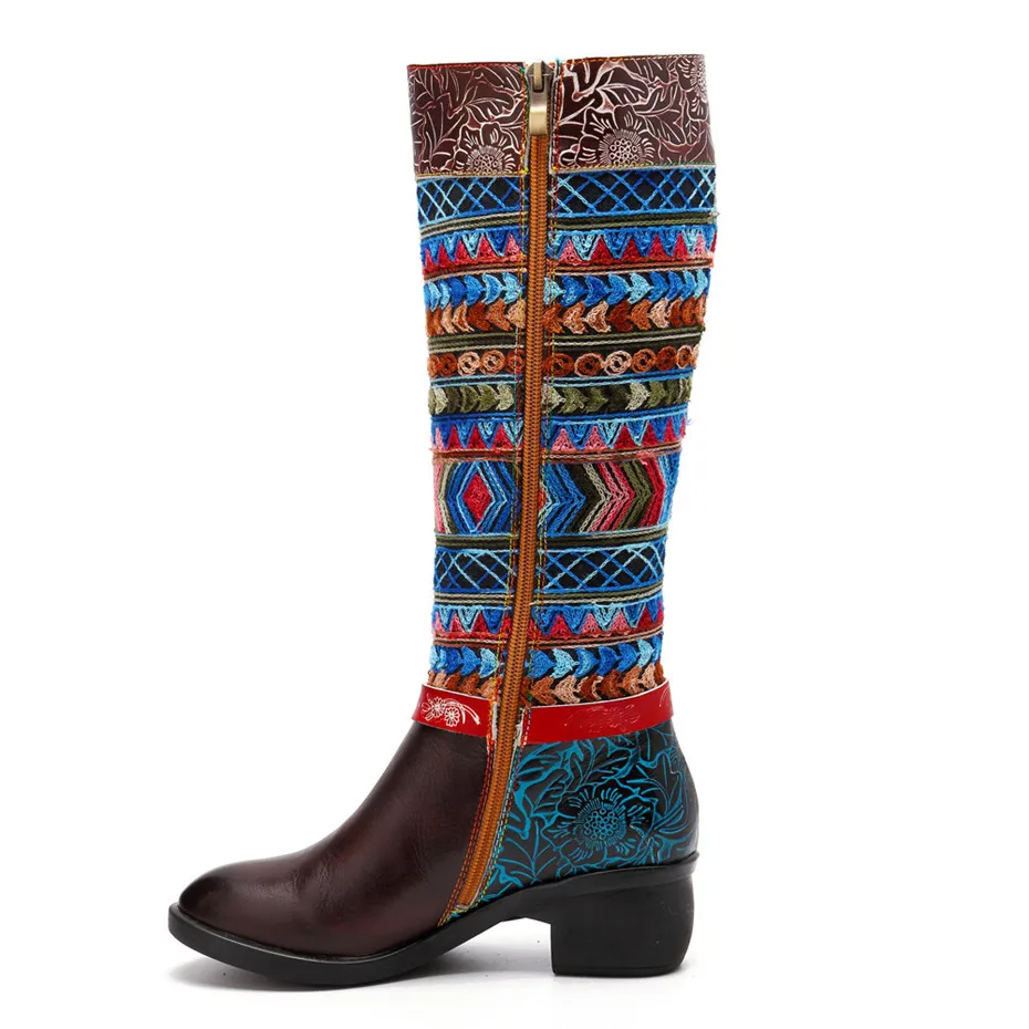 Women Cow Leather Boot Shoes 2019 Spring Autumn Ladies Mid-Calf 4cm Heels Shoes Fashion Bohemia Genuine Leather Boots Large Size (6)