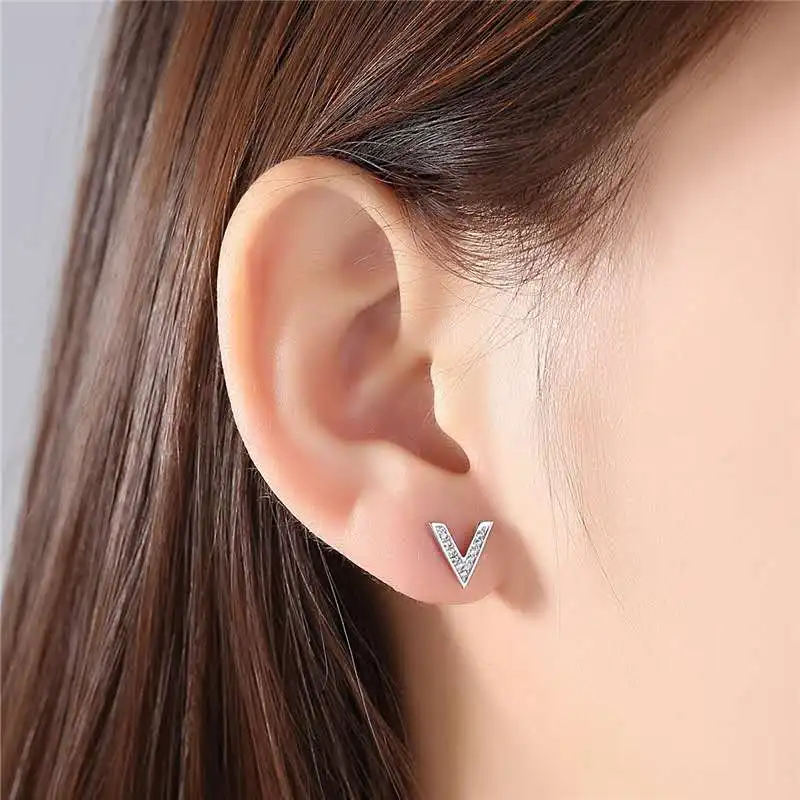 925 Sterling Sliver Letter V Stud Earrings Microset Zircon For Women V