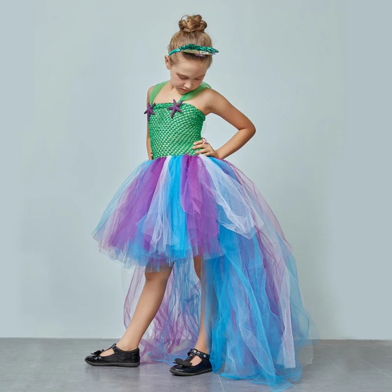 Mermaid Flower Girl Tutu Dress with Trail Kids Summer Wedding Under the Sea Birthday Couture Starfish Costume Girls Ball Gown (5)