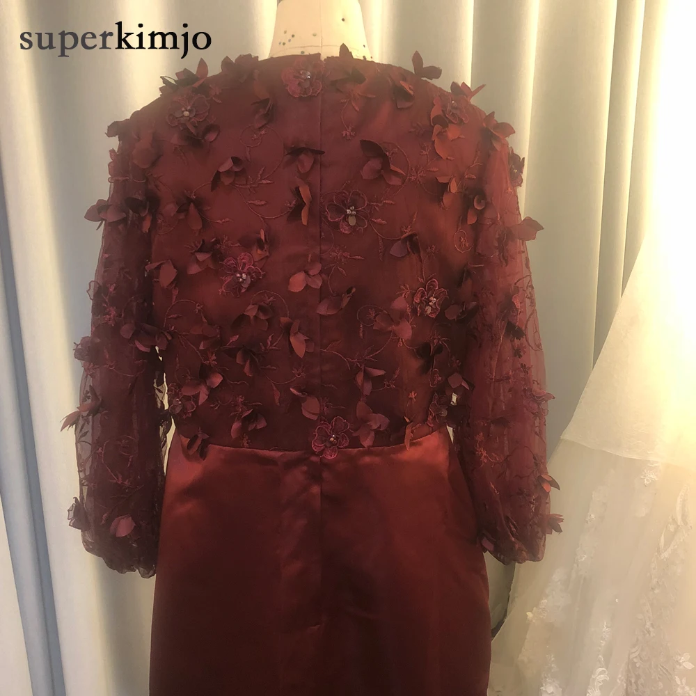 SuperKimJo настоящая фотография бордовые вечерние платья с длинным рукавом 3D Цветы Кружева Аппликация Русалка вечернее платье Vestido Formatura