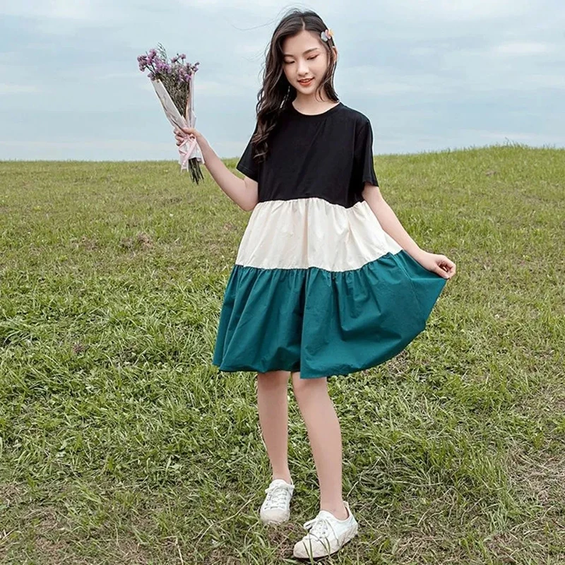 

Plus Size Kids Girls Dress Summer Short Sleeve Dresses for Girls Stripe Patchwork Dress Kids Casual Loose Dress Children Clothes
