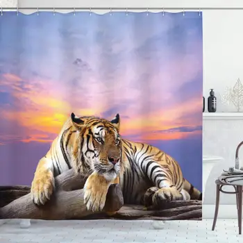

Safari Shower Curtain, Tiger Lying on Wood Blue Sky Colorful Sunset Pose Strpies Claws, Cloth Fabric Bathroom Decor Set with