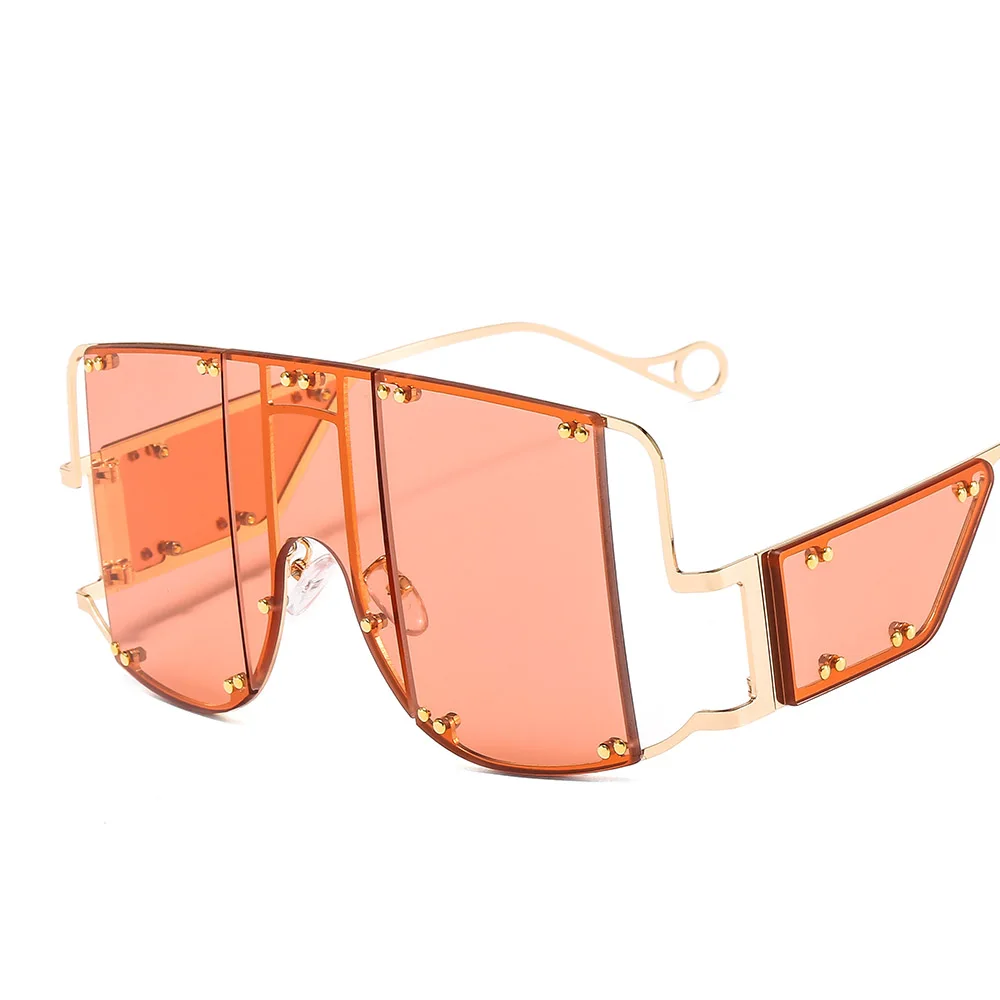 Модные квадратные солнцезащитные очки для женщин, винтажные негабаритные солнцезащитные очки в стиле панк, мужские роскошные Брендовые очки с металлическими заклепками и плоским верхом UV400 Oculos - Цвет линз: C6Gold Orange
