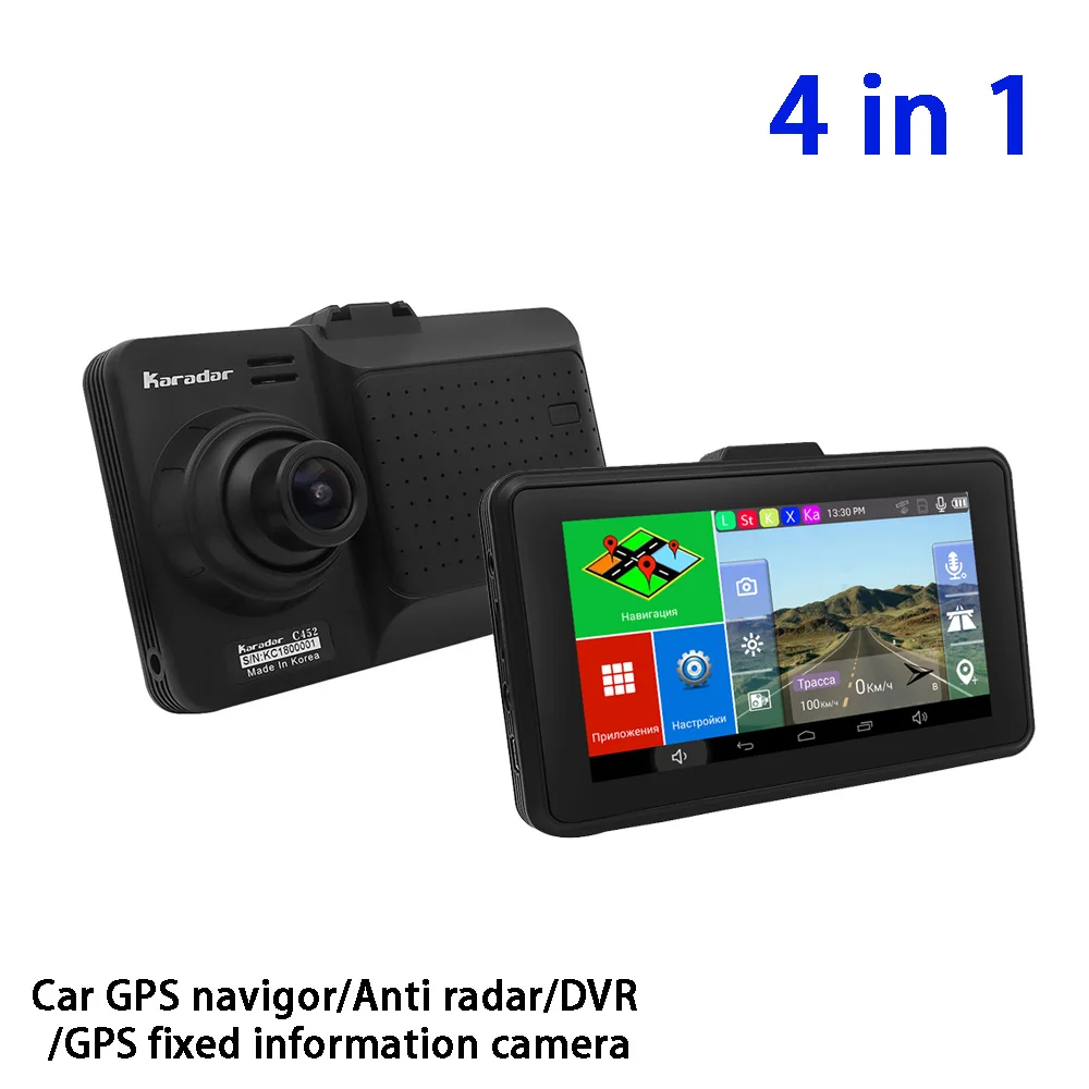 Автомобильный антирадар Karadar 4 в 1 с GPS навигацией 1080P DVR Android RAM512 8GFlash Wi Fi FM BT