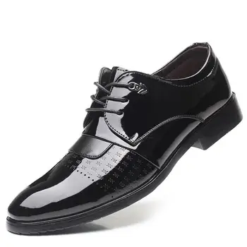 

38~48 Large Men Patent Leather Pointed Toe Dress Shoes Italian Mens Lace Up Derby Shoes Classic Formal Wedding Suit Shoes Black