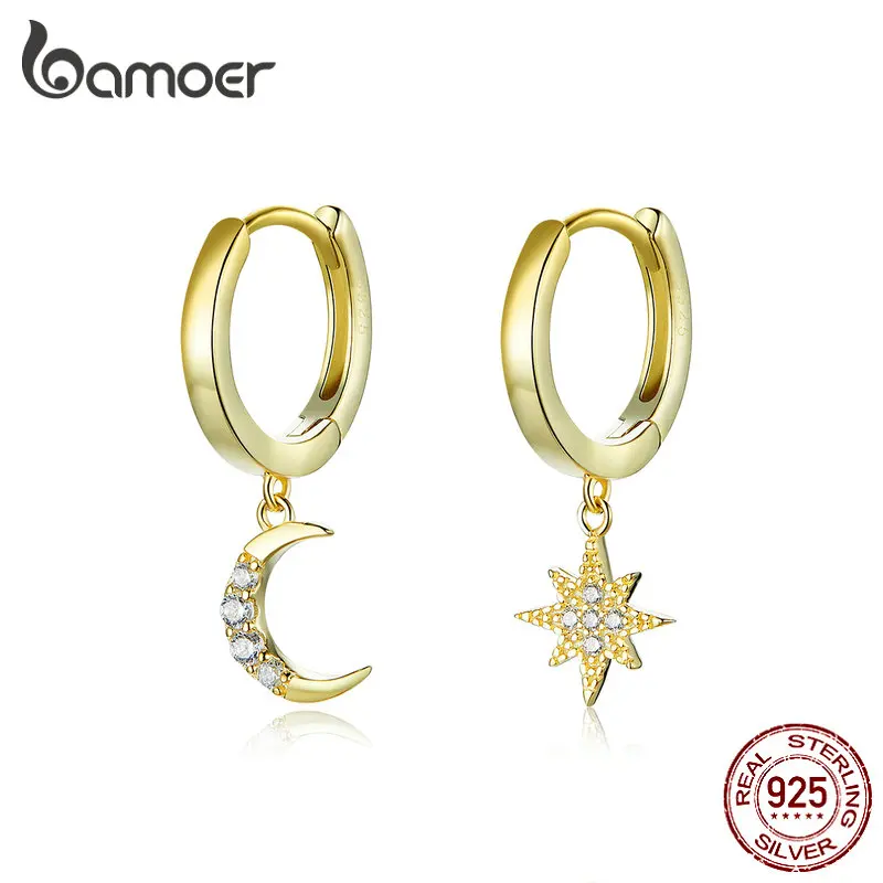 Dangle Earrings Jewelry Star Moon 925-Sterling-Silver Gold-Color Bamoer Charm And 