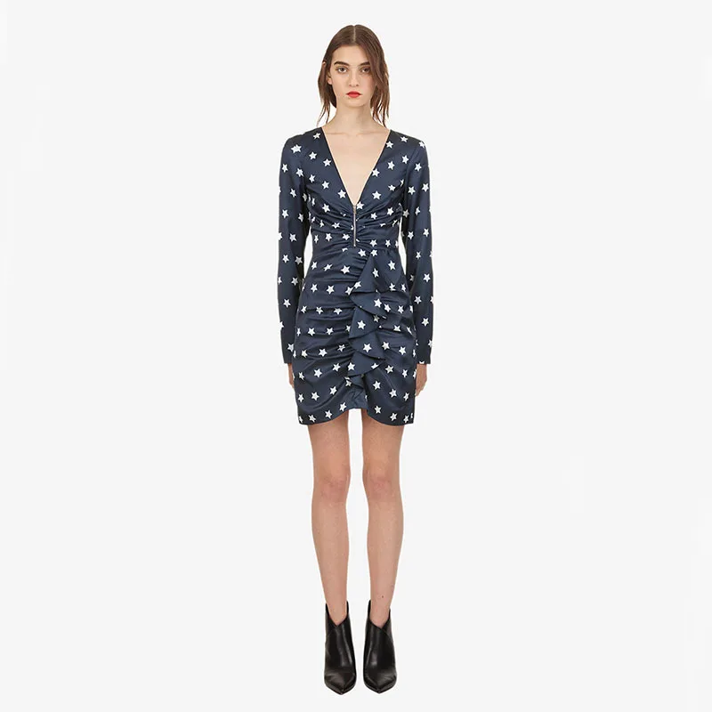 

S~p 19 Season Xiu Stars Printing Zipper Deep V Long Sleeve Zipper Pleating Dress