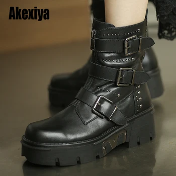 

2020 High Quality Genuine Leather High Heel Ankle boots Round Toe Platform Motorcycle punk Women boots Size 35-43 w002