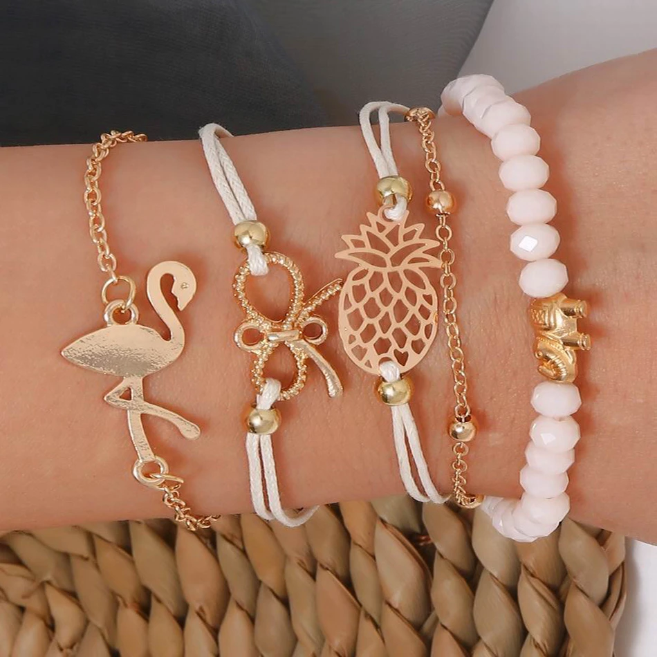 

Fashion Boho Charm Chain Bead Bracelets Set Woman Gold Bowknot Animals Geometric Hollow Circle Cuff Link Bracelet Female Jewelry
