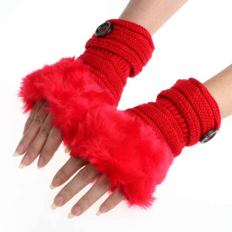 Зимние перчатки, женские перчатки без пальцев, с помпоном из искусственного меха, вязаные рукавицы, из кусков, плюшевые, ручная работа