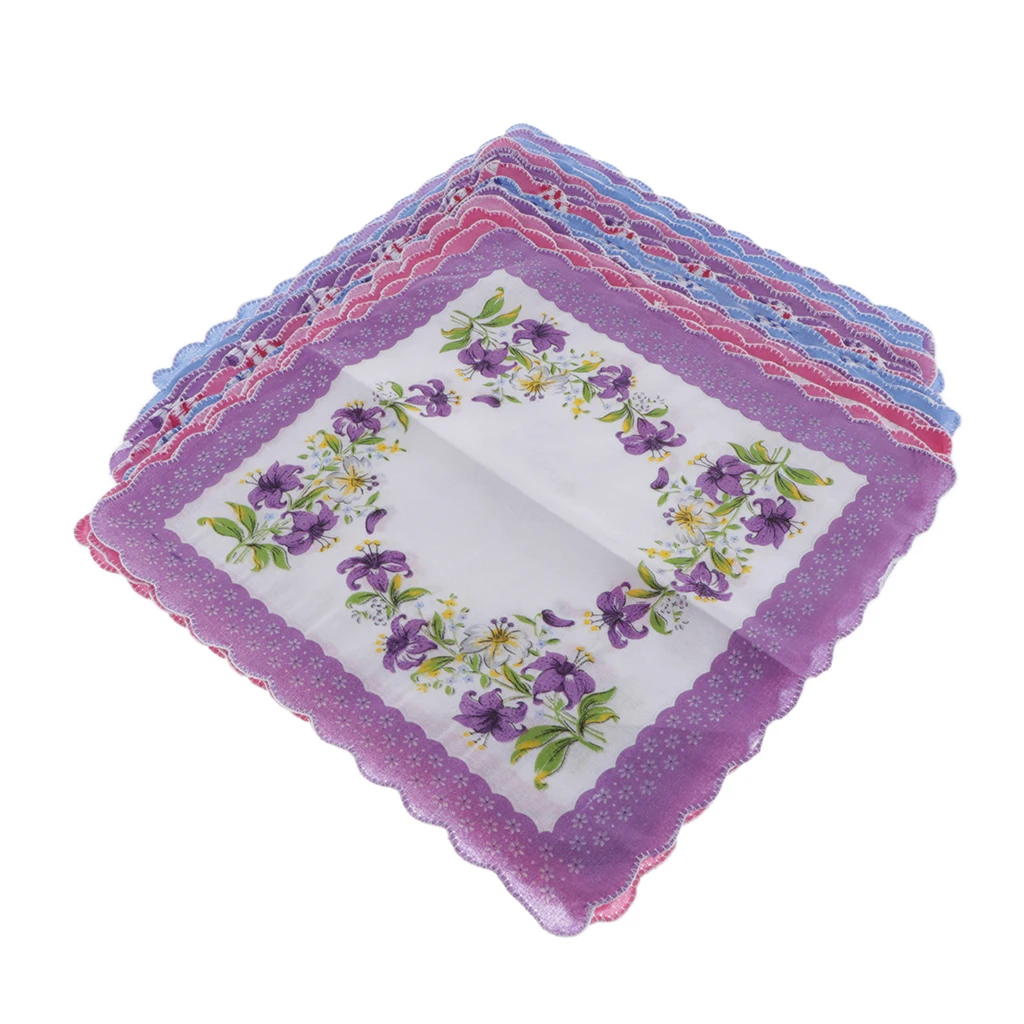  Pocket Sqaure Hanky Purple Whith15pcs Womens Vintage Floral Print Cotton Handkerchief