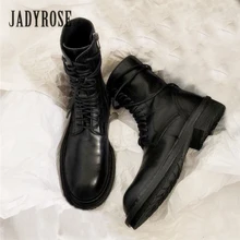 Jady Rose/Новинка года; Популярные черные женские ботильоны из мягкой кожи; повседневная обувь на плоской подошве со шнуровкой; женские короткие ботиночки; ботинки для верховой езды на плоской подошве