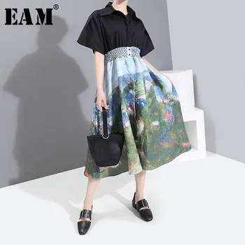 

[EAM] Women Pattern Printed Split Big Size Shirt Dress New Lapel Short Sleeve Loose Fit Fashion Tide Spring Autumn 2020 1S767