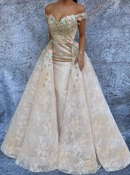 

Off The Shoulder Muslim Evening Dresses 2019 A-line Tulle Lace Flowers Beaded Islamic Dubai Saudi Arabia Long Evening Gown Prom