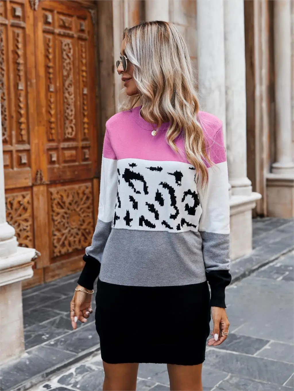 Chifirena Vintage Leopard Patchwork Sweater Dress Women O Neck Long Sleeve Winter Casual Robe Female Elegant Minie Vestidos
