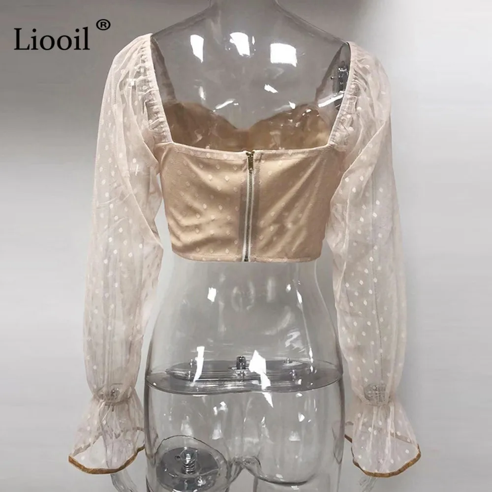 Liooil прозрачная сетчатая Сексуальная Блузка с рюшами, рубашка, короткий топ, осень, длинный рукав, v-образный вырез, черные, белые женские топы и блузки