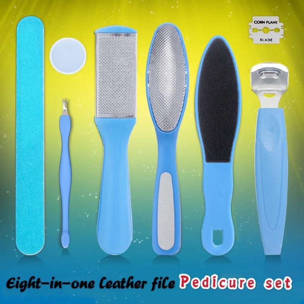 

Peeling pedicure tool Pedicure eight-piece suit Stainless steel bending file Stainless steel dead skin knife Sandpaper file Dead