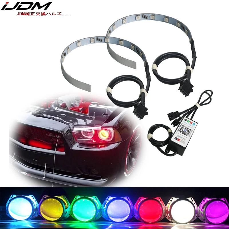 Bluetooth APP Wireless Remote Control 12-SMD RGB LED Demon Eye Halo Ring Kit For Car Auto Motorcycle Headlight Projectors or 2.8 3.0 Retrofit Projector Lens 
