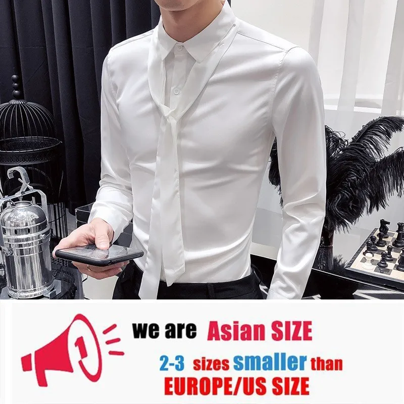 Повседневная рубашка с галстуком, мужская рубашка camisa masculina, с длинным рукавом, корейское платье, приталенный смокинг, рубашки, модные мужские Клубные вечерние рубашки - Цвет: white