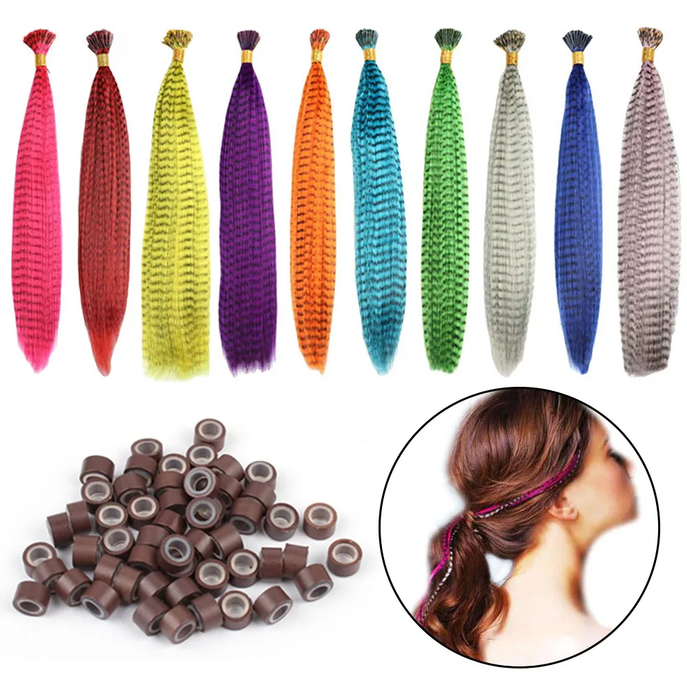 10PCS Long Rainbow Colors Feather Hair Extensions + 20PCS Silicone Beads for Professional Salon Party Night Club Random Colors