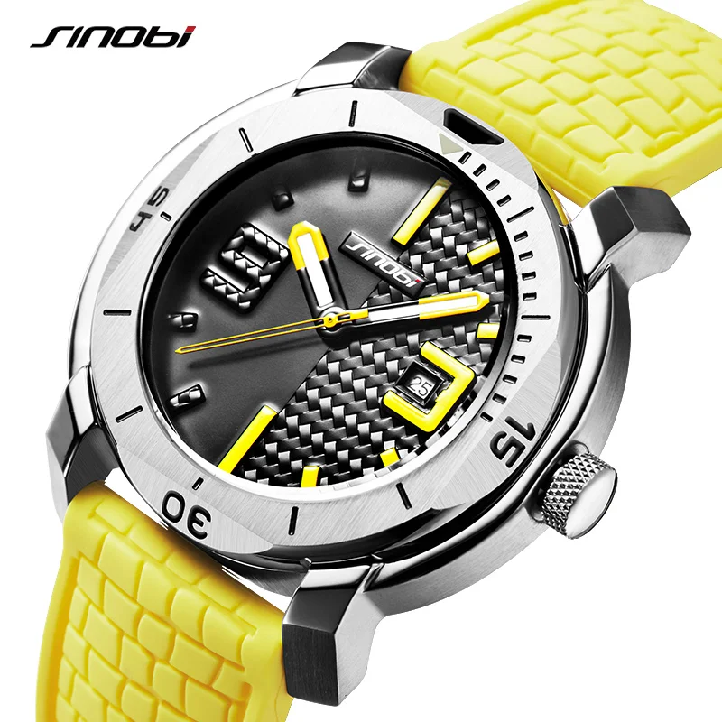 New SINOBI Mens Sports Quartz Wristwatches Top Luxury Brand Man Silicone Watch Military Stainless Steel Clock 2