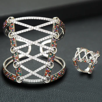 

GODKI New Design Brand Luxury 2PCS Statement Interlaced lines Bangle Ring Set For Women Bridal Dubai PARTY WEDDING Jewelry
