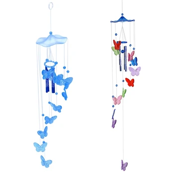 

2x Wind Chime Sound Tubes Butterfly Feng Shui Windchimes House Decoration, Blue & Colorful Blue