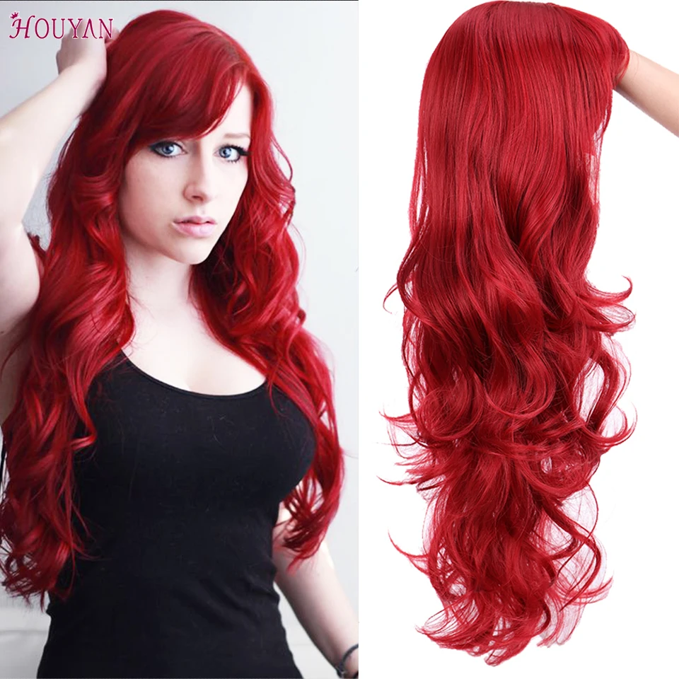 HOUYAN 22 pulgadas largo ondulado peluca con Bang rojo Cosplay del pelo resistente al calor peluca pelucas de pelo sintético