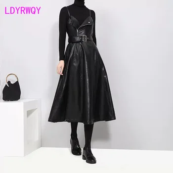 

2019 autumn and winter new women's straps over the knee long slim high waist strap dress pu black Knee-Length Zippers