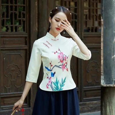 SHENG COOC рубашка китайская женщина желтый Cheongsam топы Magpie печать костюм в китайском стиле Осень - Цвет: yellow chinese shirt