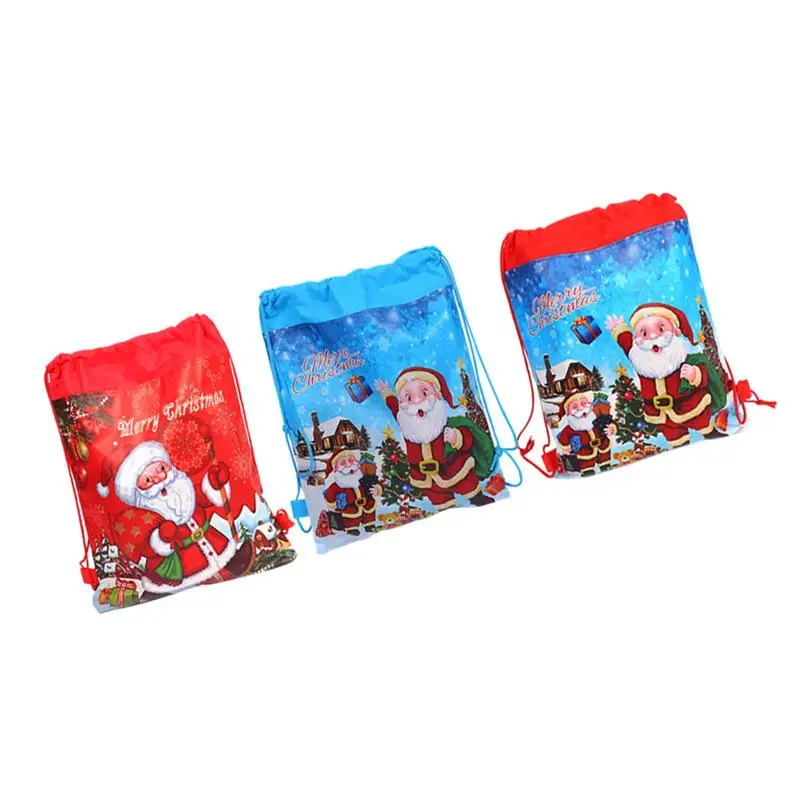 3 Pcs Christmas Santa Claus Drawstring Pouch Non-Woven Fabric Drawstring Bag Toys Storage Pouch Gifts Bag School Backpack