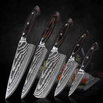 

Pro 5Pcs Kitchen Knife Set High Carbon Stainless Steel knives Japanese Damascus Laser Pattern Chef Knife Set Best Cooking Knife