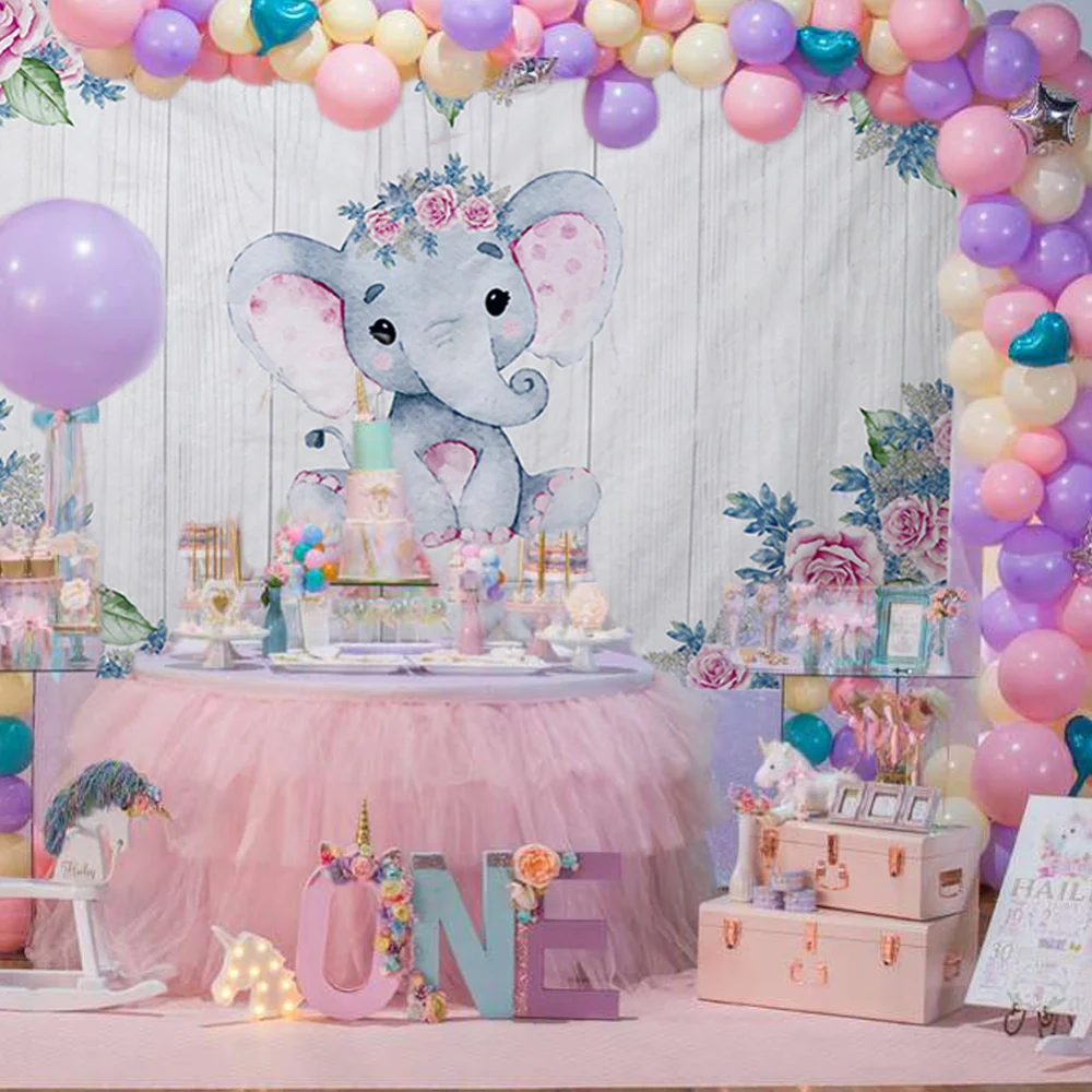 

Elephant Animal Flower Backdrop Vinyl Photography Background Photo Studio Shoot for Newborn Baby Shower Boy Girl Birthday Party