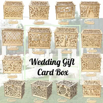 

14 Types DIY Wedding Gift Card Box Wooden Money Box with Lock and Key Beautiful Wedding Decoration Supplies for Birthday Party