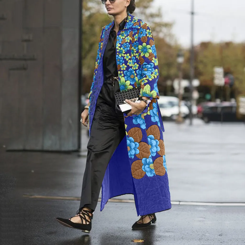 Женское карманная повязка с отложным воротником и цветочным принтом, повседневное длинное пальто с длинным рукавом для улицы, manteau femme hiver chaqueta