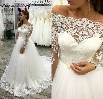 

Vestido De Noiva Elegant Lace Wedding Dresses With Long Sleeves Off The Shoulder Appliques Illusion Arabic Garden Bridal Gowns