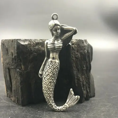 Декоративный исключительный китайский старинный тибетский серебряный медный ручной резной подвеска в виде русалки статуя