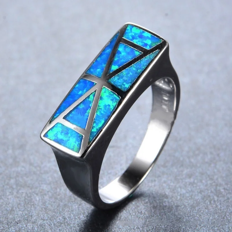 

FDLK Exquisite Rectangle Blue Fire Opal Ring Zinc Alloy Fashion Jewelry Vintage Wedding Rings For Women