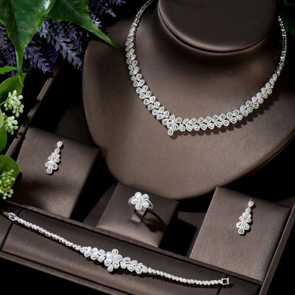 

HIBRIDE Luxury Women Elegant Shape Bridal CZ Necklace Earrings Bracelet Ring 4pcs Big Wedding Jewelry Sets For Bride N-772