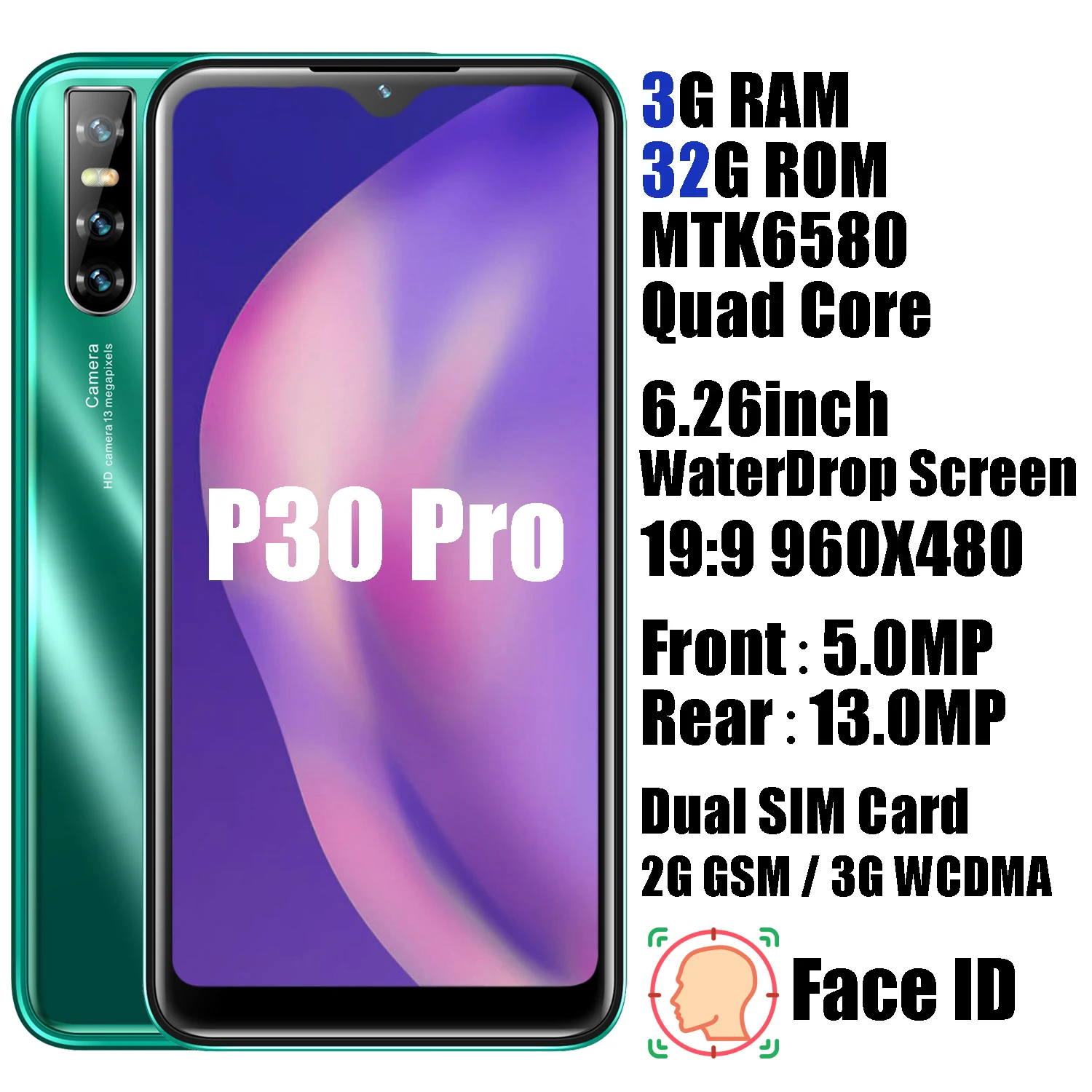 P30 Pro 4 грамма+ 64 гром четырехъядерный смартфон 6,2" Капля воды экран мобильные телефоны Лицо ID 13 МП мобильные телефоны Android телефон celulares - Цвет: Green P30 Pro 3-32