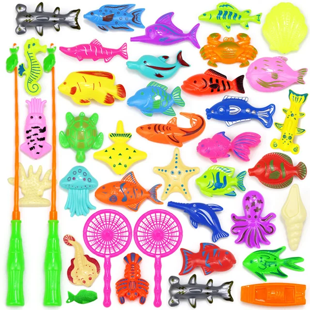 25-67pcs Kids Magnetic Fishing Toy with Inflatable Pool Floating Fish Ducks Parent-child Interactive Toys Game for Children 6